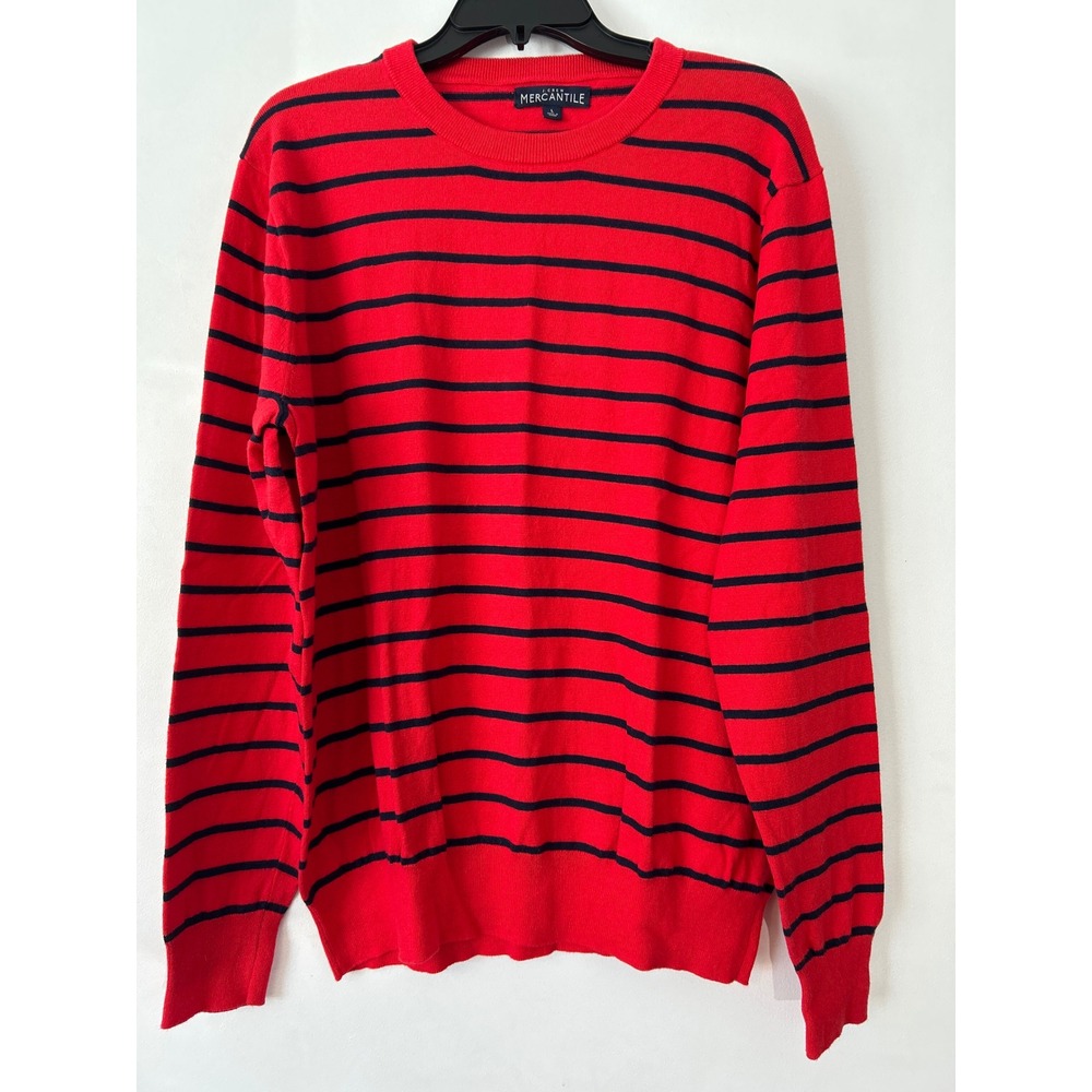 J.Crew Mercantile Mens Red Black Striped Crew Neck‎ 100% Cotton Knit Sweater L